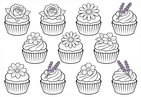 Floral Cupcake Clipart Line Art Digital Review