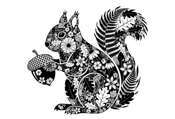 Floral Squirrel Holding Acorn Black and Review