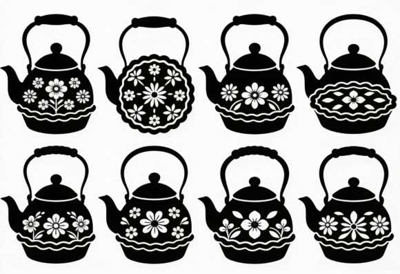 Floral Teapot Clipart Black and White