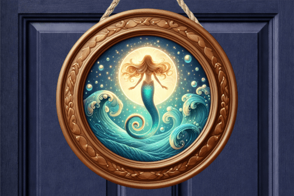 Nautical Mermaid Moon Floral Door Sign